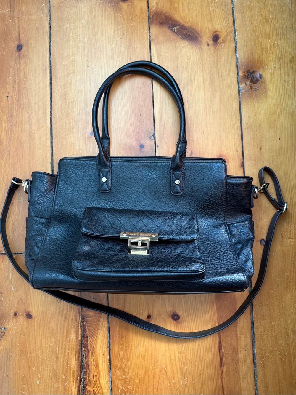 Damsel in Defense Black Vegan Leather Satchel Handbag
